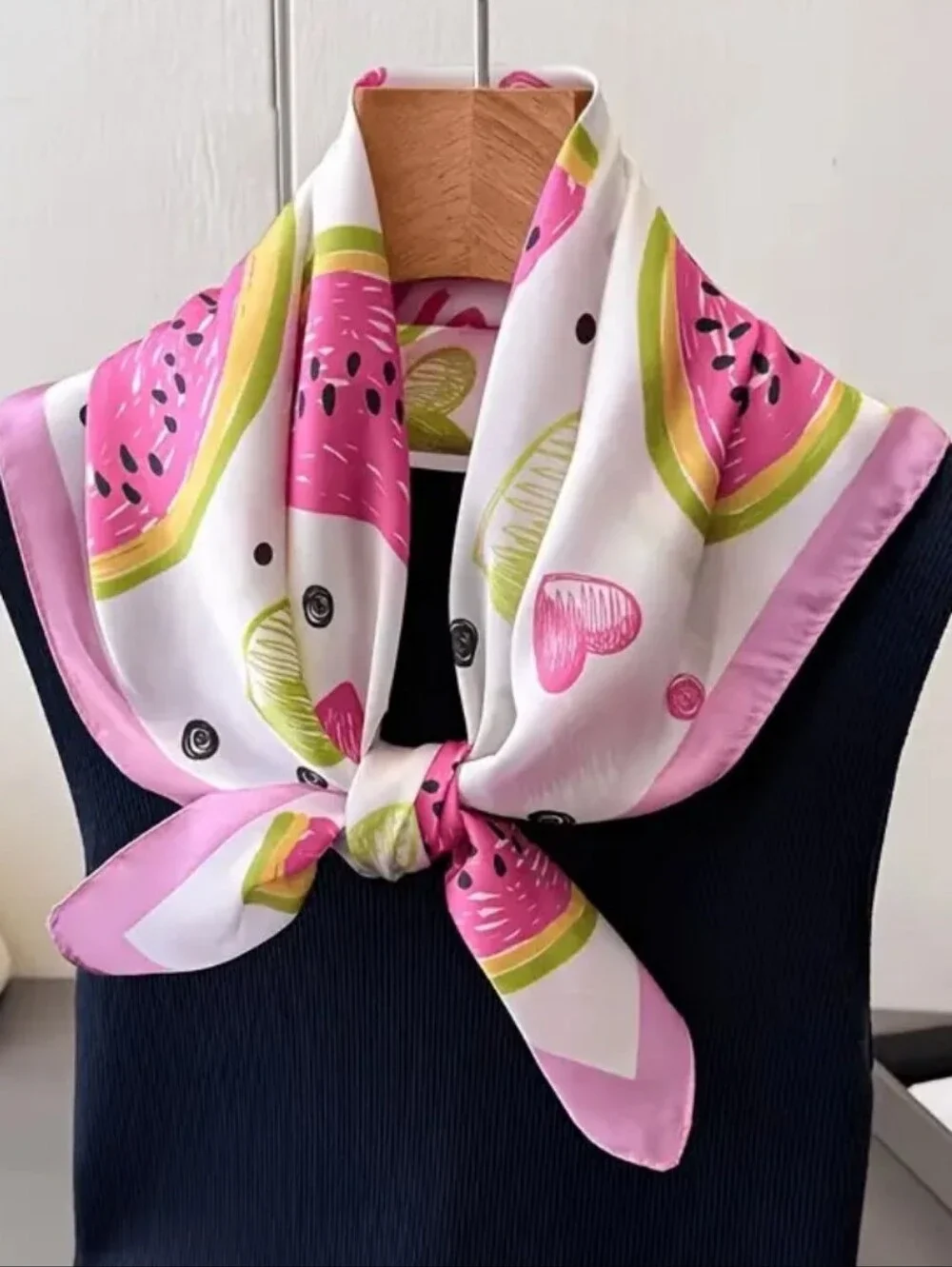 Silk-feel Pink Watermelon Print Neck Scarf , Head Scarf